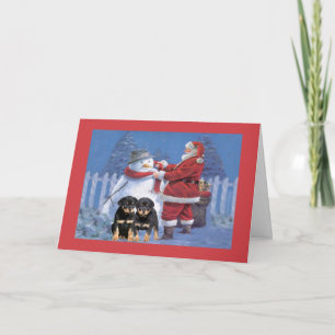 Rottweiler valpjulkort Santa och snögubbe Helgkort