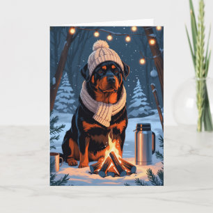 Rottweiler vid lägereld Rustik konst för vintersem Kort