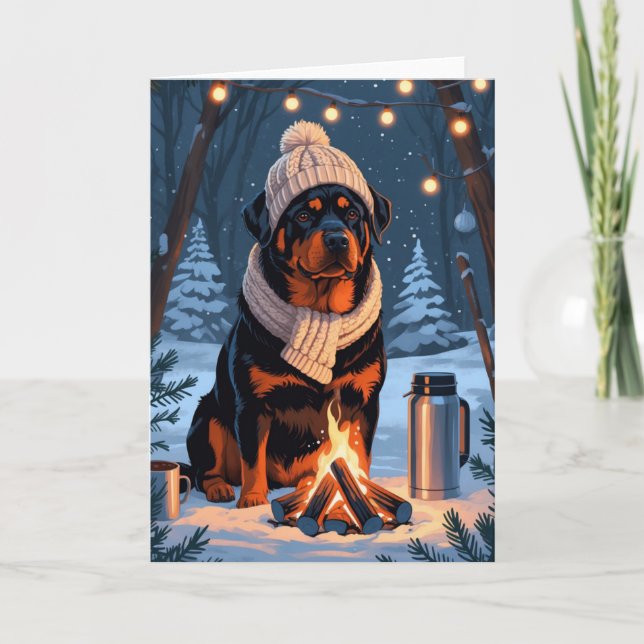 Rottweiler vid lägereld Rustik konst för vintersem Kort (Framsida)