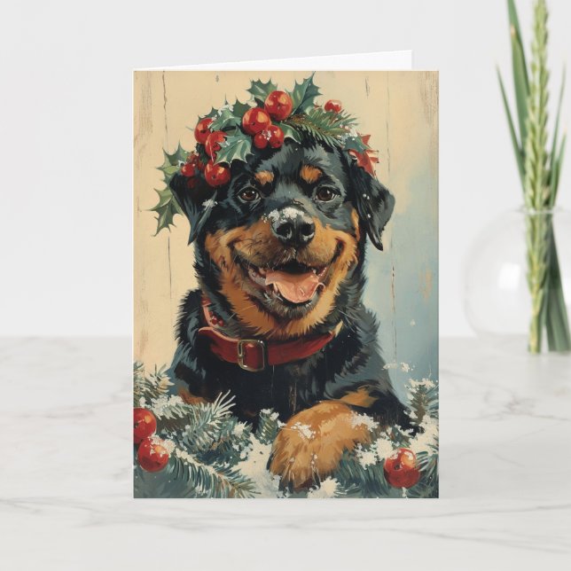 Rottweiler vintage personlig jul helgkort (Framsida)