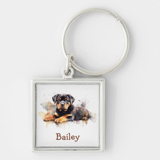 Rottweiler Watercolor Keychain Fyrkantig Silverfärgad Nyckelring (Framsidan)
