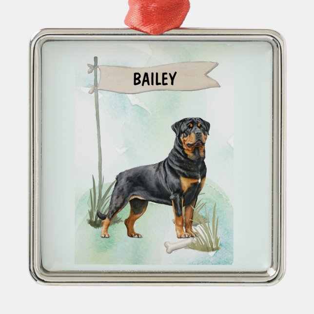 Rottweiler Watercolor Personalized Dog Julgransprydnad Metall (Framsidan)