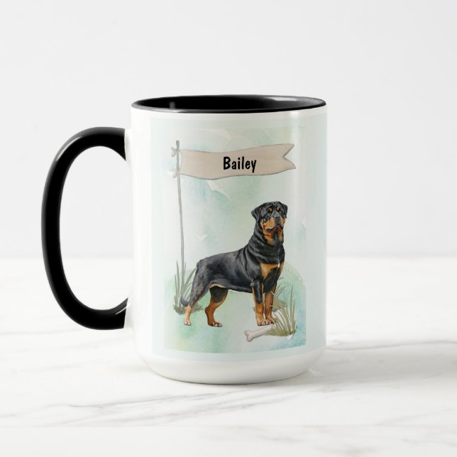 Rottweiler Watercolor Personalized Dog Mugg (Vänster)