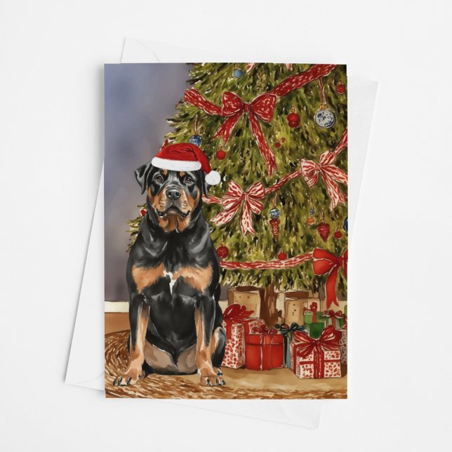 Rottweiler Watercolor Under Julgran Kort (Skapare uppladdad)