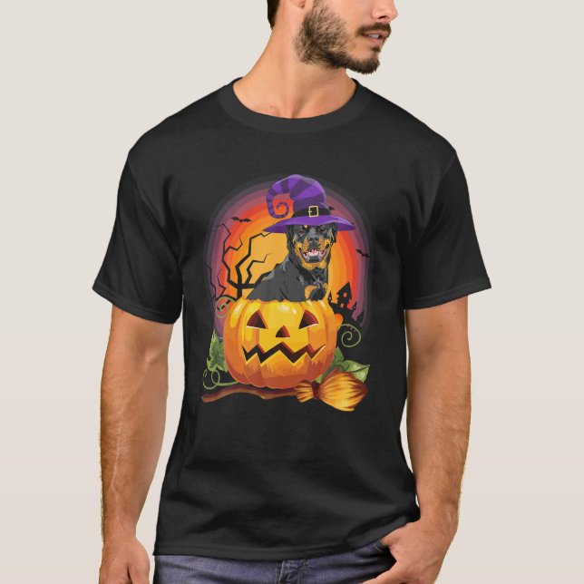 Rottweiler Witch Pumpkin Halloween Hund älskare T Shirt (Framsida)