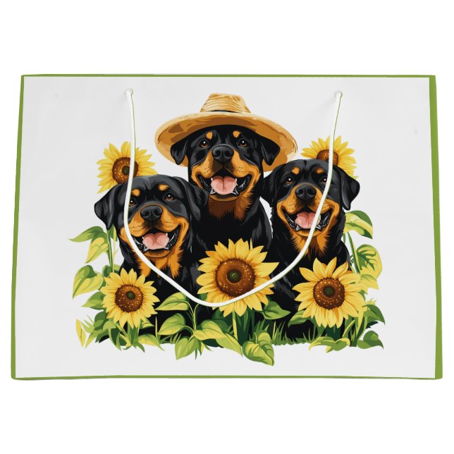 Rottweilerhundar omgivna av solrosor (Framsidan)