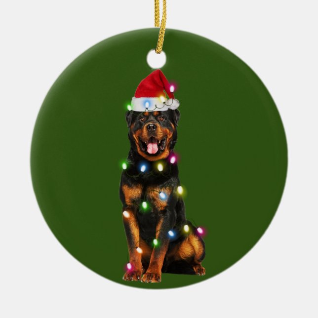 Rottweilers med julskafts Santa Hat Julgransprydnad Keramik (Framsidan)