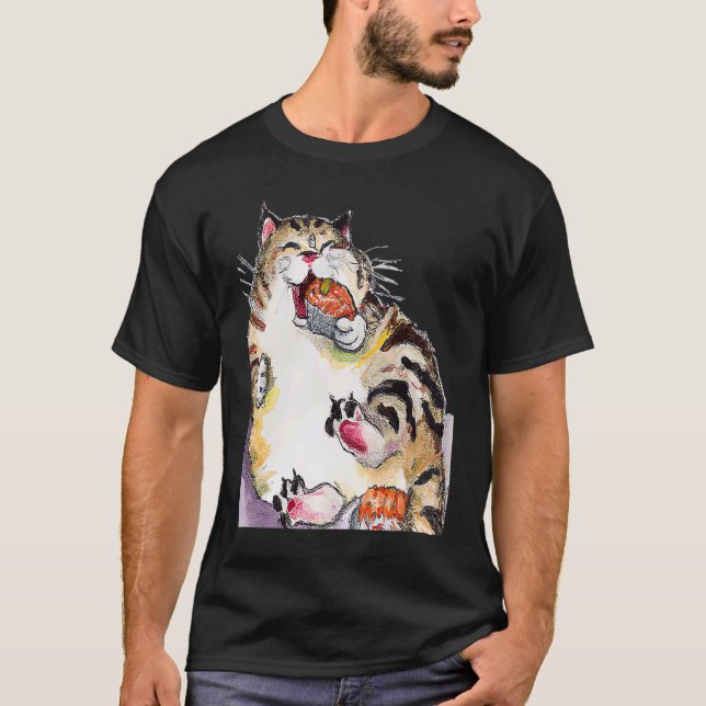 Rotund Cat Eating Sushi T Shirt (Framsida)
