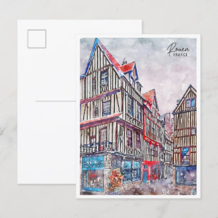 Rouen Frankrike vintage resor vattenfärg Vykort