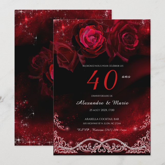 Rouge et Noir 40e Anniversaire de Mariage Inbjudningar (Fram/baksida)