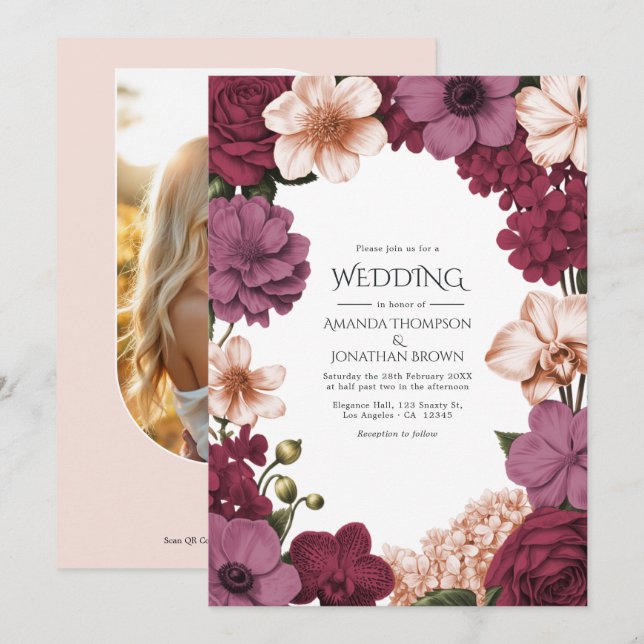 Rouge Garnet, Rosette Mauve & Peach Silk Wedding Inbjudningar (Fram/baksida)