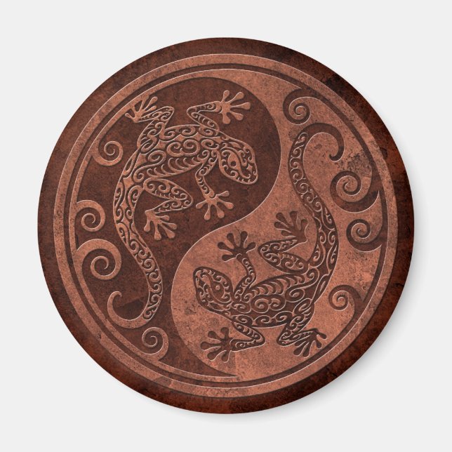 Rough Brown Stone Yin Yang Geckos Magnet (Framsidan)