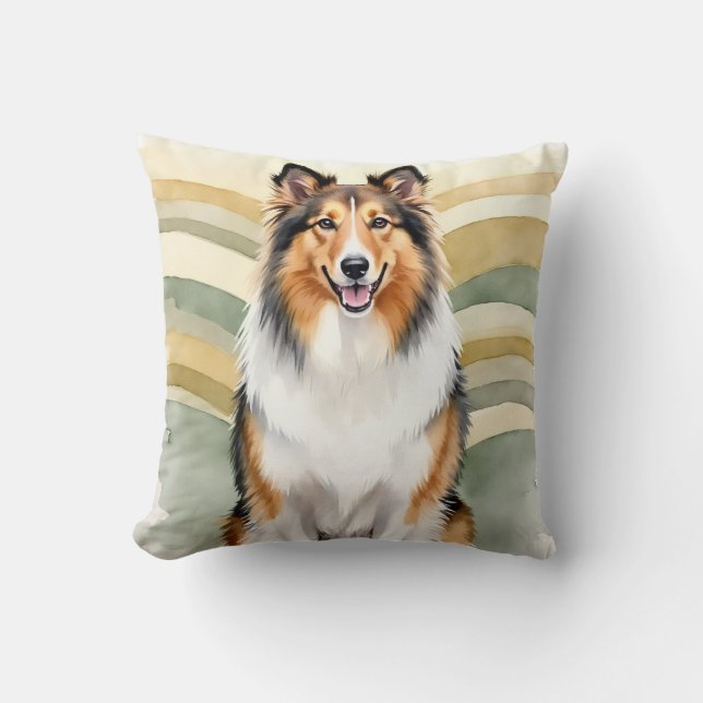 Rough Collie Akvarell Band Våg Konst Kudde (Framsida)