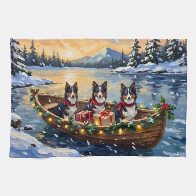 Rough Collie Christmas Boat Holiday Kökshandduk (Horisontell)