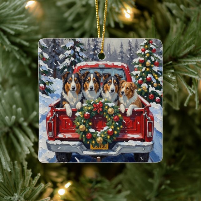 Rough Collie Christmas Red Truck Holiday Julgransprydnad Keramik (Träd)