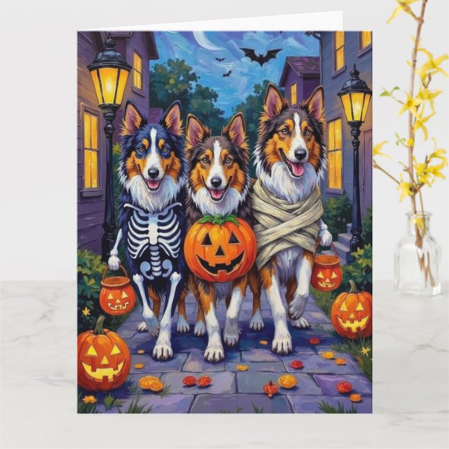 Rough Collie Halloween-kostymer för trick-or-treat Kort (Gul blomma)