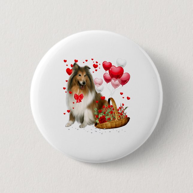 Rough Collie Heart Balloon Happy Valentine Day Dog Knapp (Framsida)