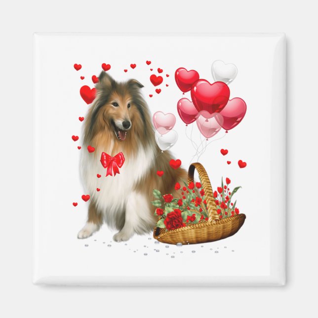 Rough Collie Heart Balloon Happy Valentine Day Dog Magnet (Framsidan)