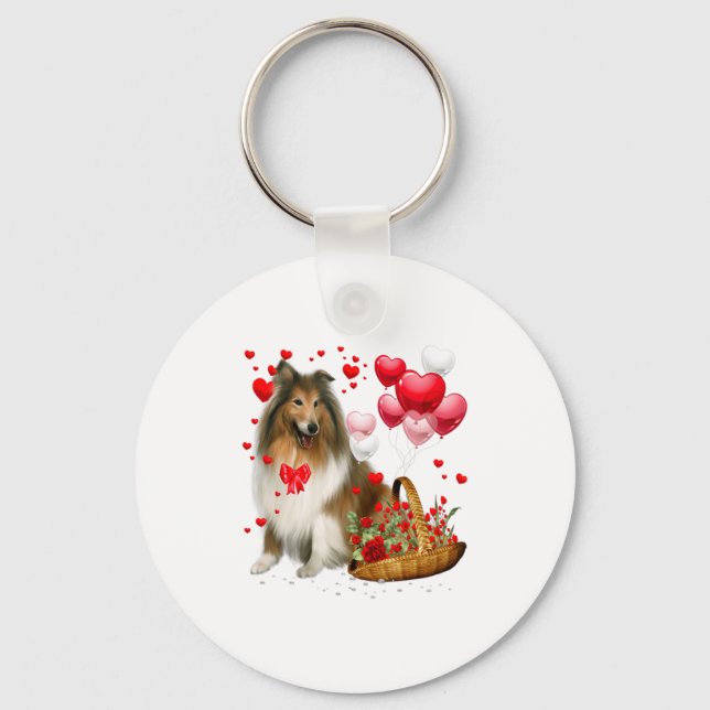 Rough Collie Heart Balloon Happy Valentine Day Dog Nyckelring (Framsida)