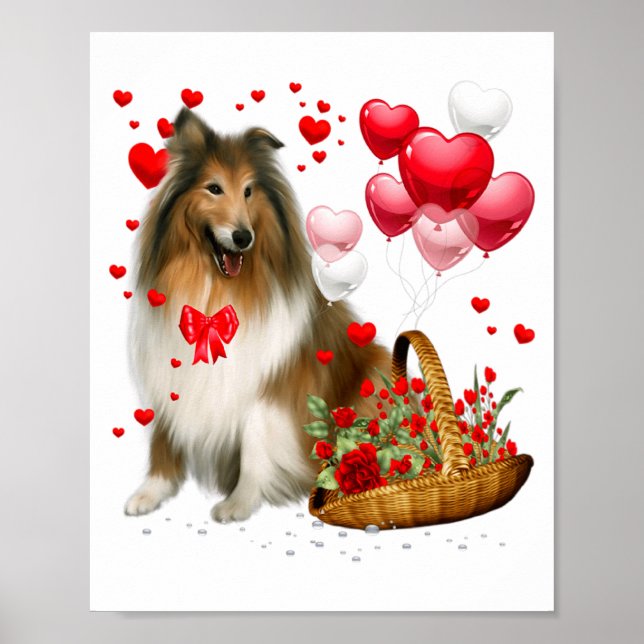 Rough Collie Heart Balloon Happy Valentine Day Dog Poster (Framsidan)