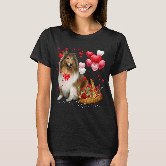 Rough Collie Heart Balloon Happy Valentine Day Dog T Shirt (Framsida)