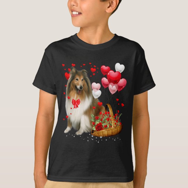 Rough Collie Heart Balloon Happy Valentine Day Dog T Shirt (Framsida)