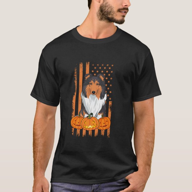 Rough Collie Hund American Flagga Patriotic Hallow T Shirt (Framsida)