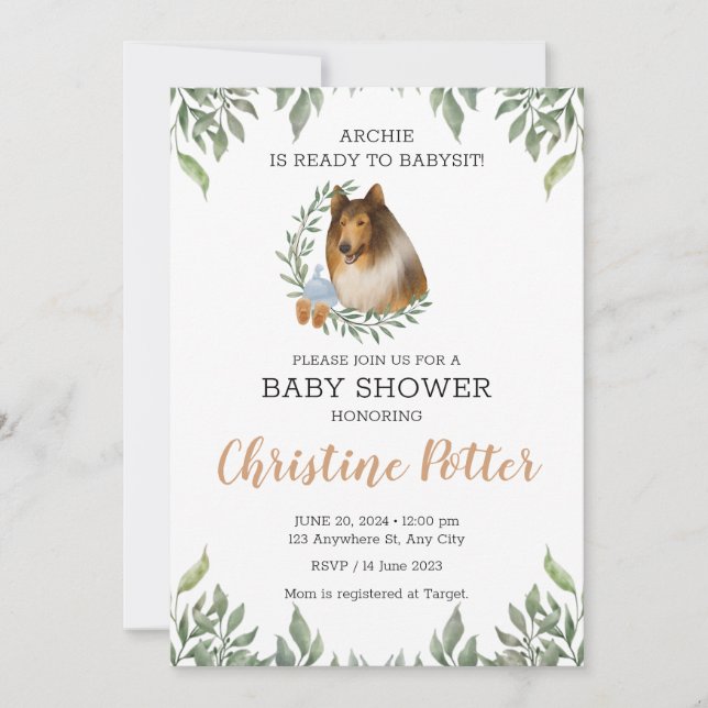 Rough Collie Hund Greenery Boho Baby Shower Inbjudningar (Framsida)