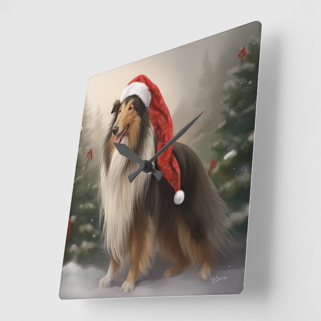 Rough Collie Hund i Snö Jul Fyrkantig Klocka (Vinkel)