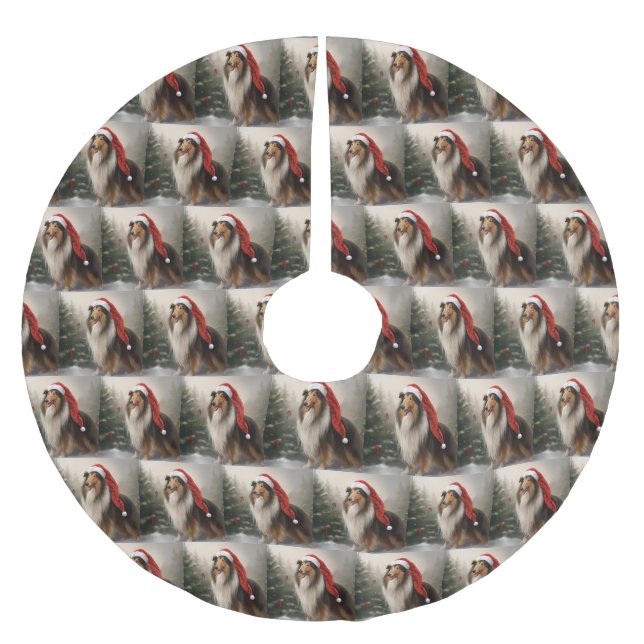 Rough Collie Hund i Snö-julen Julgransmatta Borstad Polyester (Framsidan)