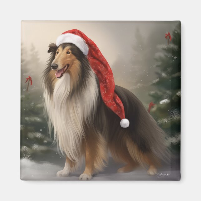 Rough Collie Hund i Snö-julen Magnet (Framsidan)