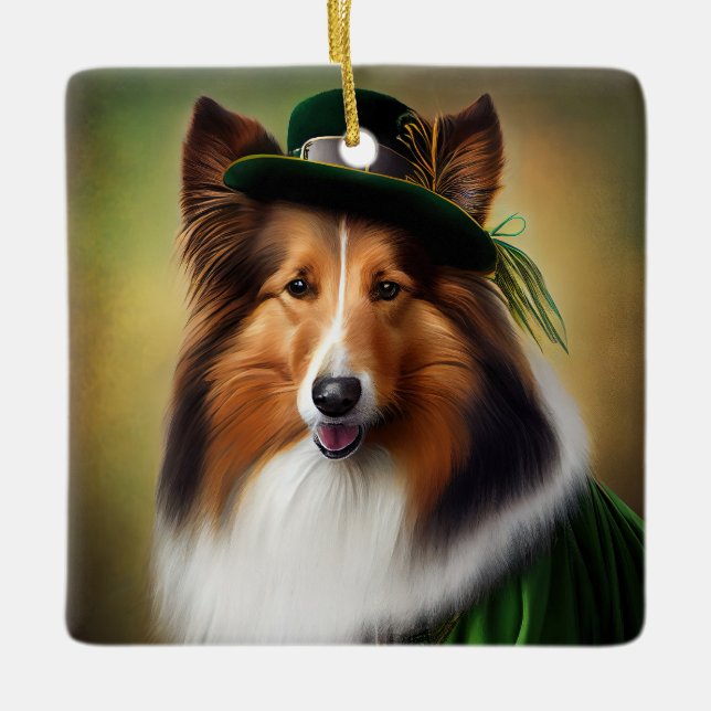 Rough Collie Hund in St. Patrick Day Dress Julgransprydnad Keramik (Framsida)