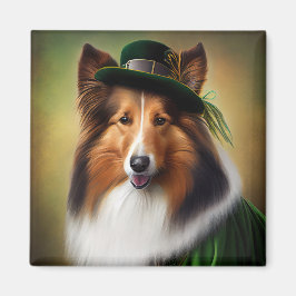 Rough Collie Hund in St. Patrick Day Dress Magnet