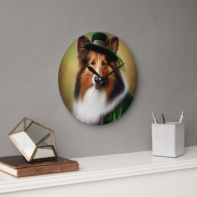Rough Collie Hund in St. Patrick Day Dress Stor Klocka (Kontor)