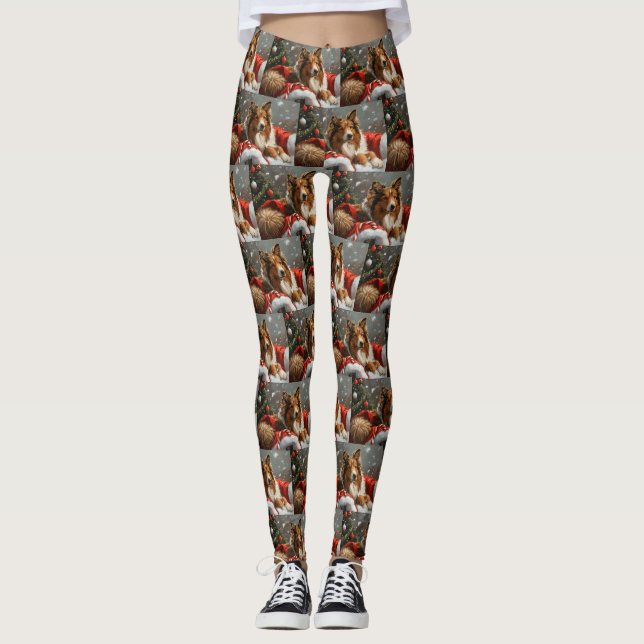 Rough Collie Hund Jul Festlig Leggings (Framsida)