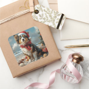 Rough Collie Hund Jul Vintage Strand Fyrkantigt Klistermärke