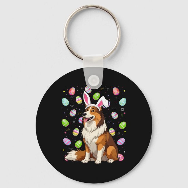 Rough Collie Hund Påskägg Hunt Bunny Ear Påsk Nyckelring (Framsida)