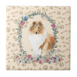 Rough Collie Hund Paw Print Blommigt Cute Beige Kakelplatta