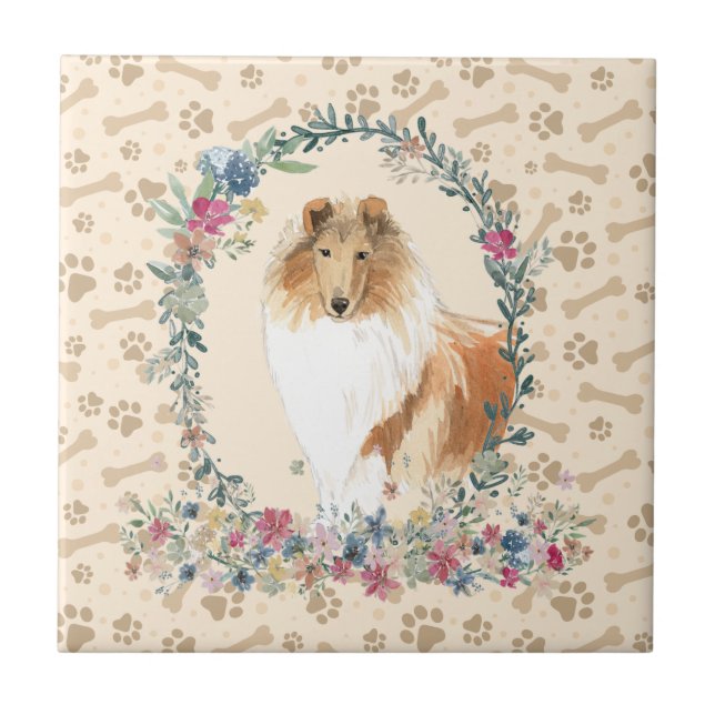 Rough Collie Hund Paw Print Blommigt Cute Beige Kakelplatta (Framsidan)