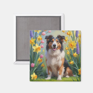 Rough Collie Hund Vårblommor Målning Magnet