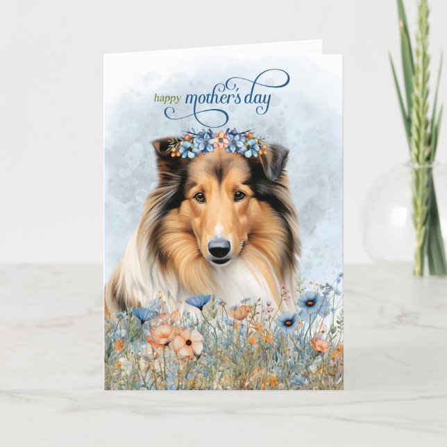 Rough Collie Hund Vildblommor Mors Dag Helgkort (Framsida)