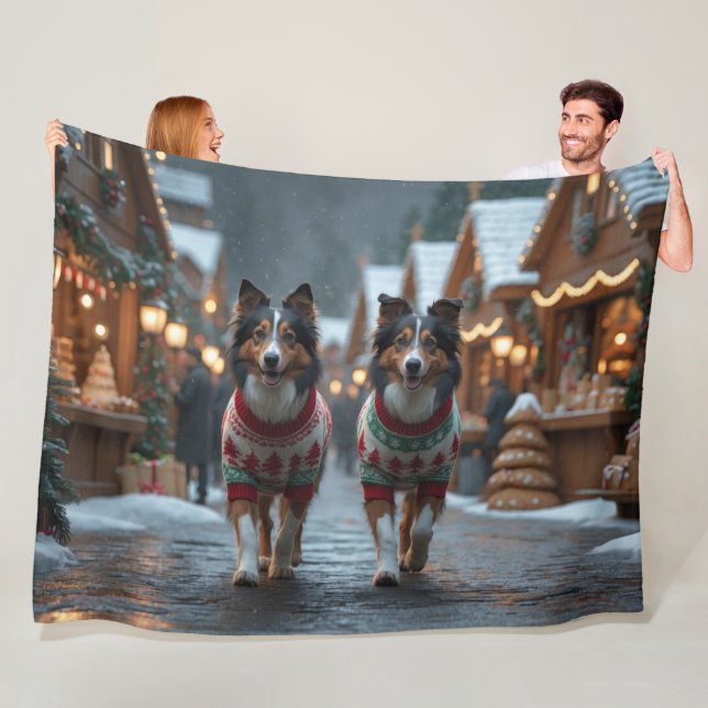 Rough Collie Hundar Jul Snö Högtid Fleecefilt (På plats)