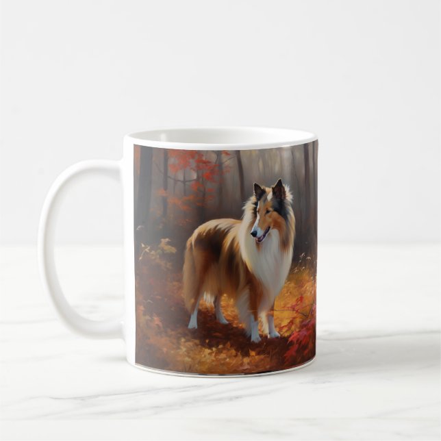 Rough Collie i höstlöv Fall Inspire Kaffemugg (Vänster)