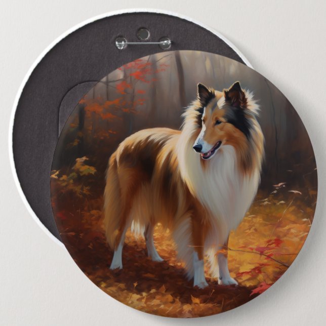 Rough Collie i höstlöv Fall Inspire Knapp (Framsida & baksida)