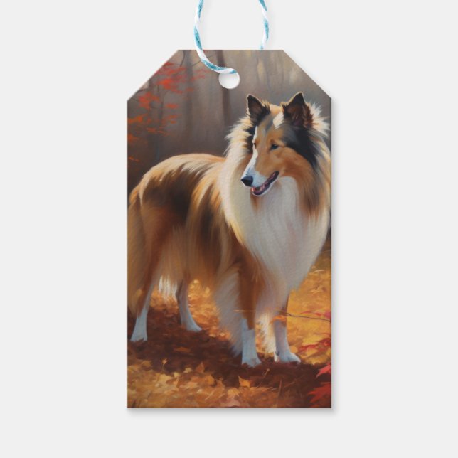 Rough Collie i höstlöv Fall Inspire Presentetikett (Framsidan)