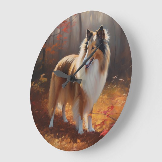 Rough Collie i höstlöv Fall Inspire Stor Klocka (Vinkel)