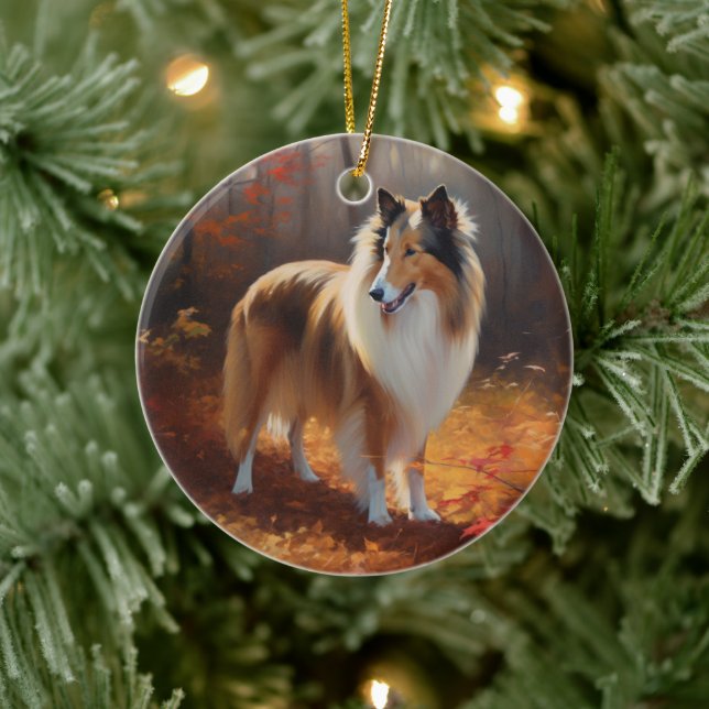 Rough Collie i höstlöv Fall Inspirerar Julgransprydnad Keramik (Träd)