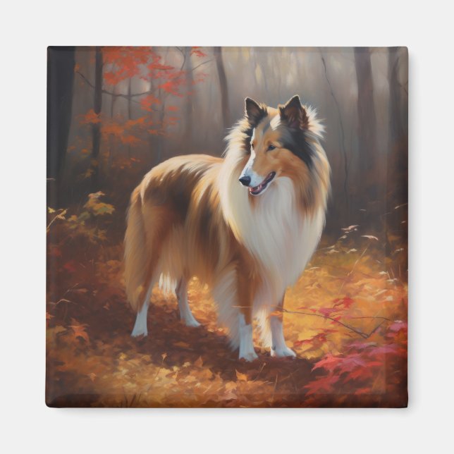 Rough Collie i höstlöv Fall Inspirerar Magnet (Framsidan)