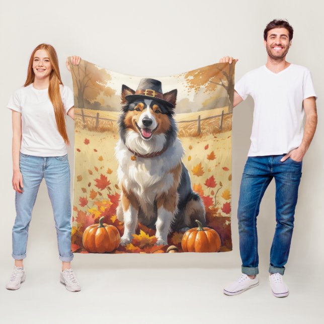 Rough Collie i höstlöv tackgivande konst Fleecefilt (På plats)