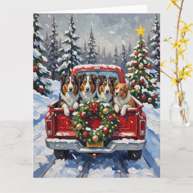 Rough Collie Jul Röd Lastbil Holiday Kort (Gul blomma)